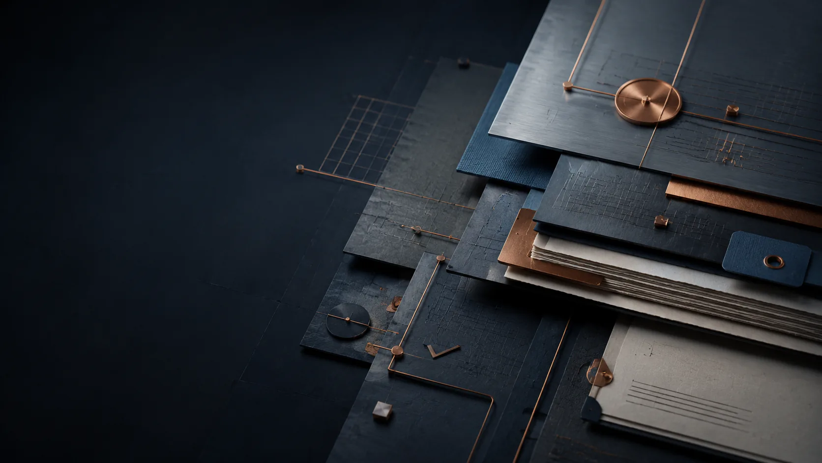 Abstract layers of records and precision-made materials connected by measured copper paths